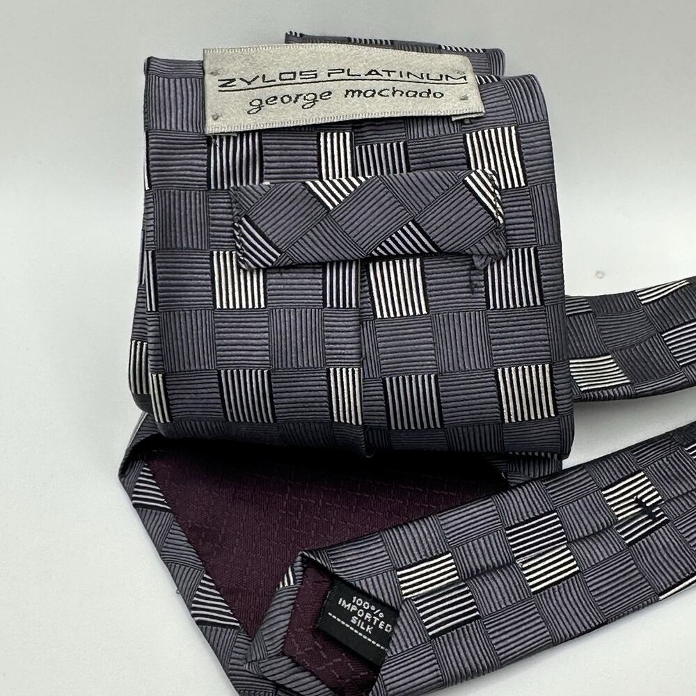 Zylos George Machado Tie Platinum Silk Geometric OS Grey Black Woven Excellent - Picture 2 of 5